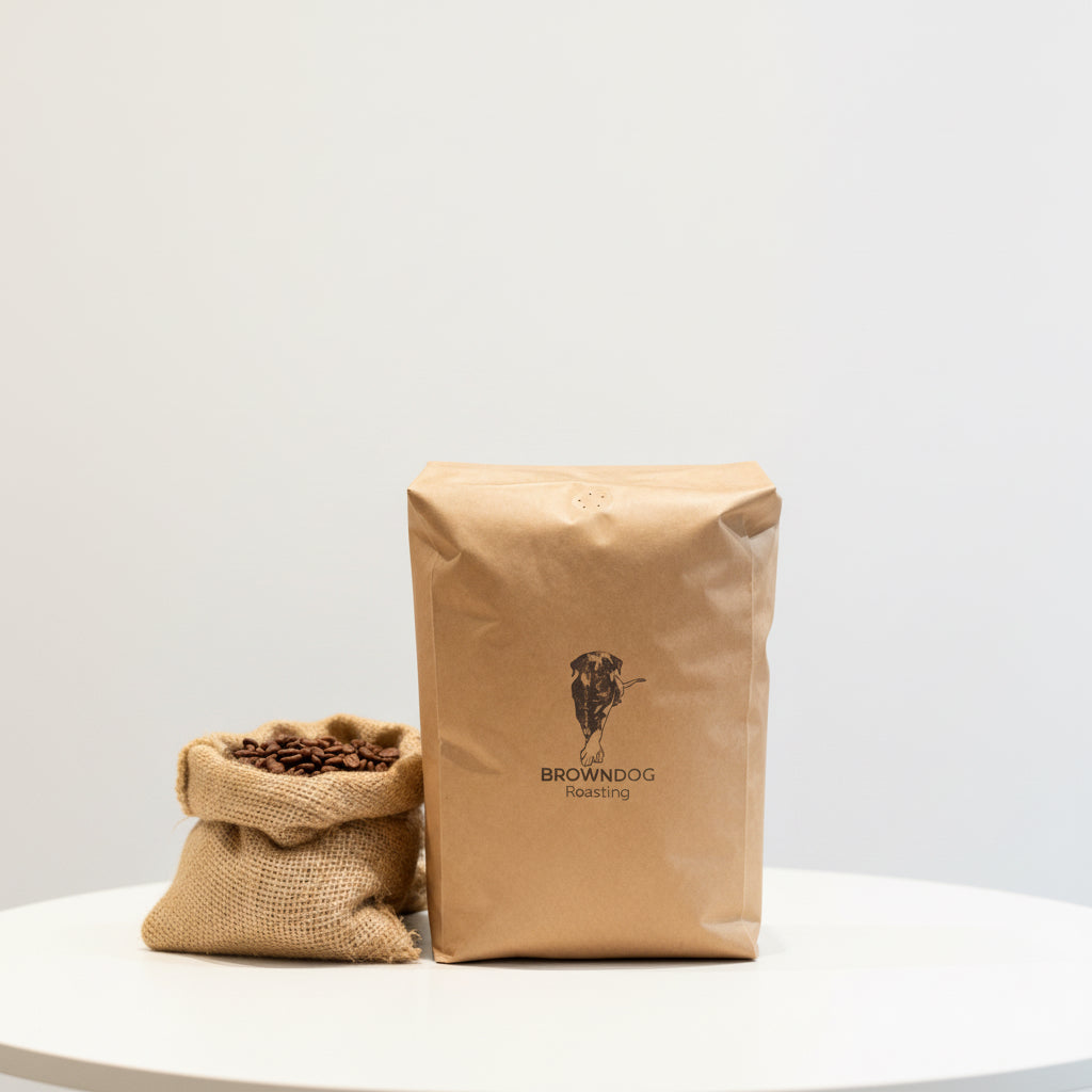 5 pounds coffee bag with Browndog coffee roasters logo in roastery