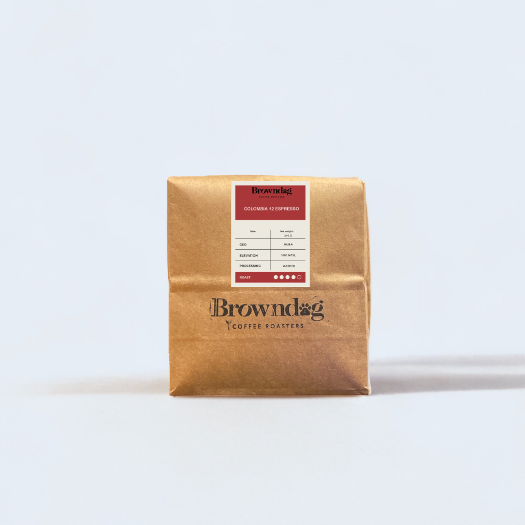 Brown Dog coffee Roasters - Colombia 12 espresso Blend - Compostable Bag- Bonney lake 12oz